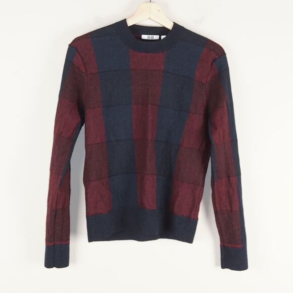 Uniqlo U Crew Neck Check 100% Wool Pullover Red Blue Sweater Mens Sz S - Picture 1 of 7